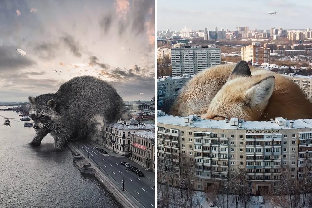 Incredible Compositions Of Huge Wild Animals Invading The Human-World By Vadim Solovyov