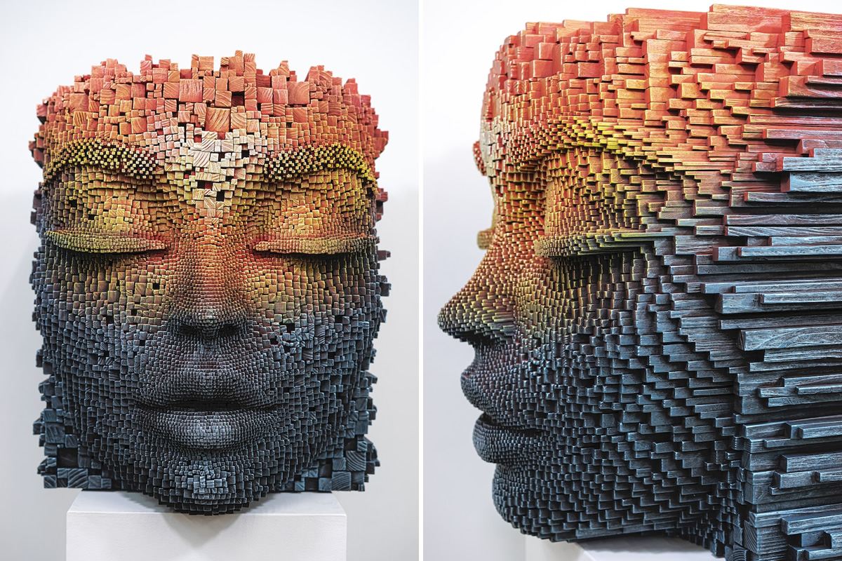 Artist Gil Bruvel Creates Serene Faces From Thousands of Burnt Wood Sticks