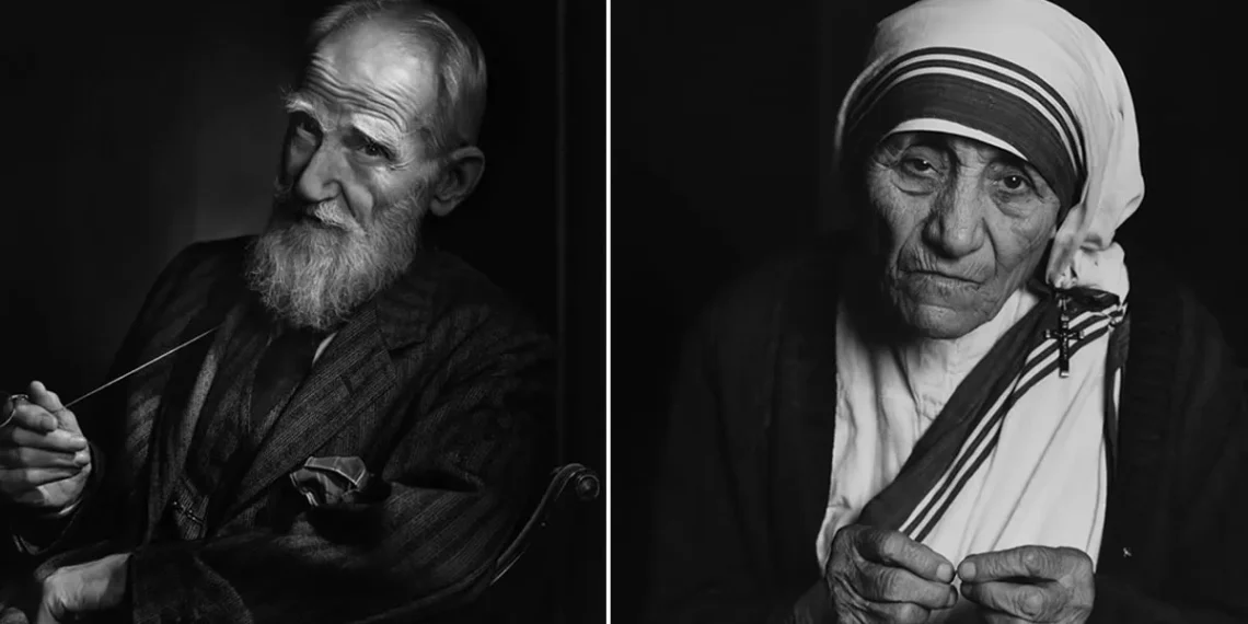 Black and white diptych of an elderly bearded man holding glasses and a nun with rosary beads