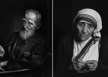 Black and white diptych of an elderly bearded man holding glasses and a nun with rosary beads