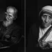 Black and white diptych of an elderly bearded man holding glasses and a nun with rosary beads