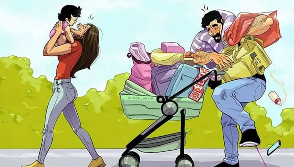Mom plays with baby while dad struggles with overloaded stroller — Yehuda Devir comic