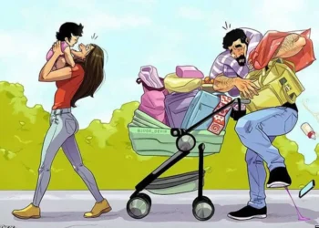 Mom plays with baby while dad struggles with overloaded stroller — Yehuda Devir comic