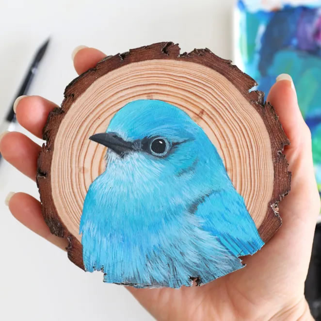 Birds On Slices Of Wood By Deanna Maree