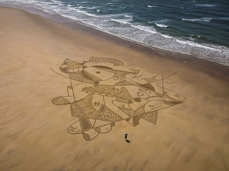 Artist Jben Creates Massive Sand Drawings That Are Between 30 And 100