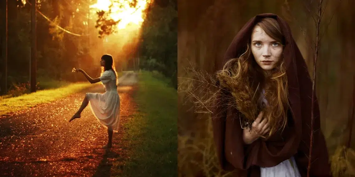 Fine art photography diptych: dancer in golden forest light; hooded girl portrait