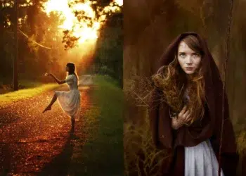 Fine art photography diptych: dancer in golden forest light; hooded girl portrait