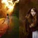 Fine art photography diptych: dancer in golden forest light; hooded girl portrait