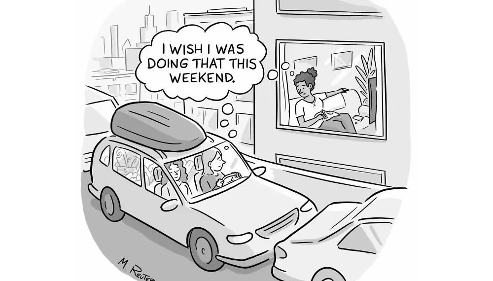 20 Clever And Sarcastic Single-Strip Comics By Matt Reuter 21 Funny one-panel comic showing car passengers wishing for a relaxing weekend like a person at home
