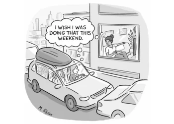 Funny one-panel comic showing car passengers wishing for a relaxing weekend like a person at home