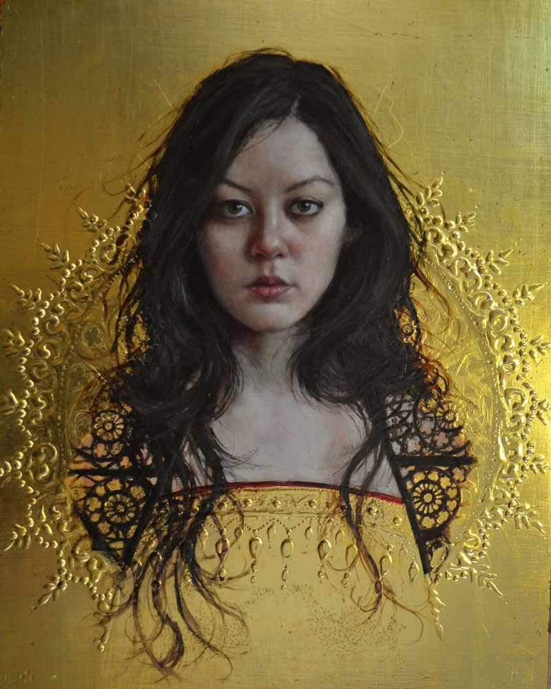 Peintures figuratives avec des ornements d'or par Stephanie Rew