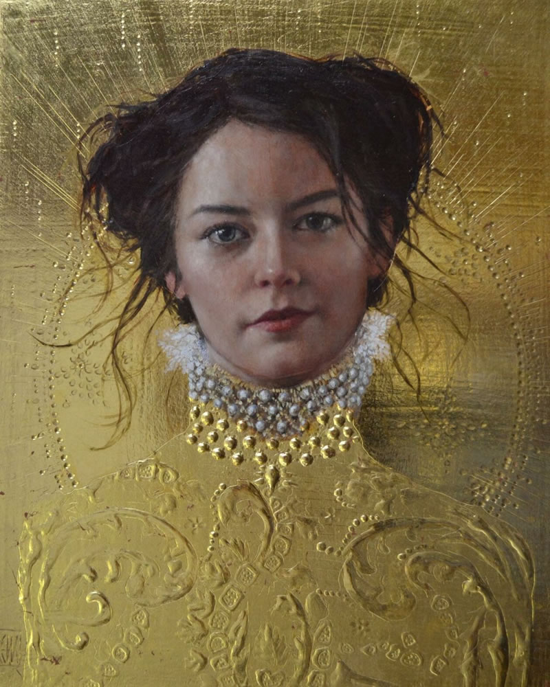 Peintures figuratives avec des ornements d'or par Stephanie Rew