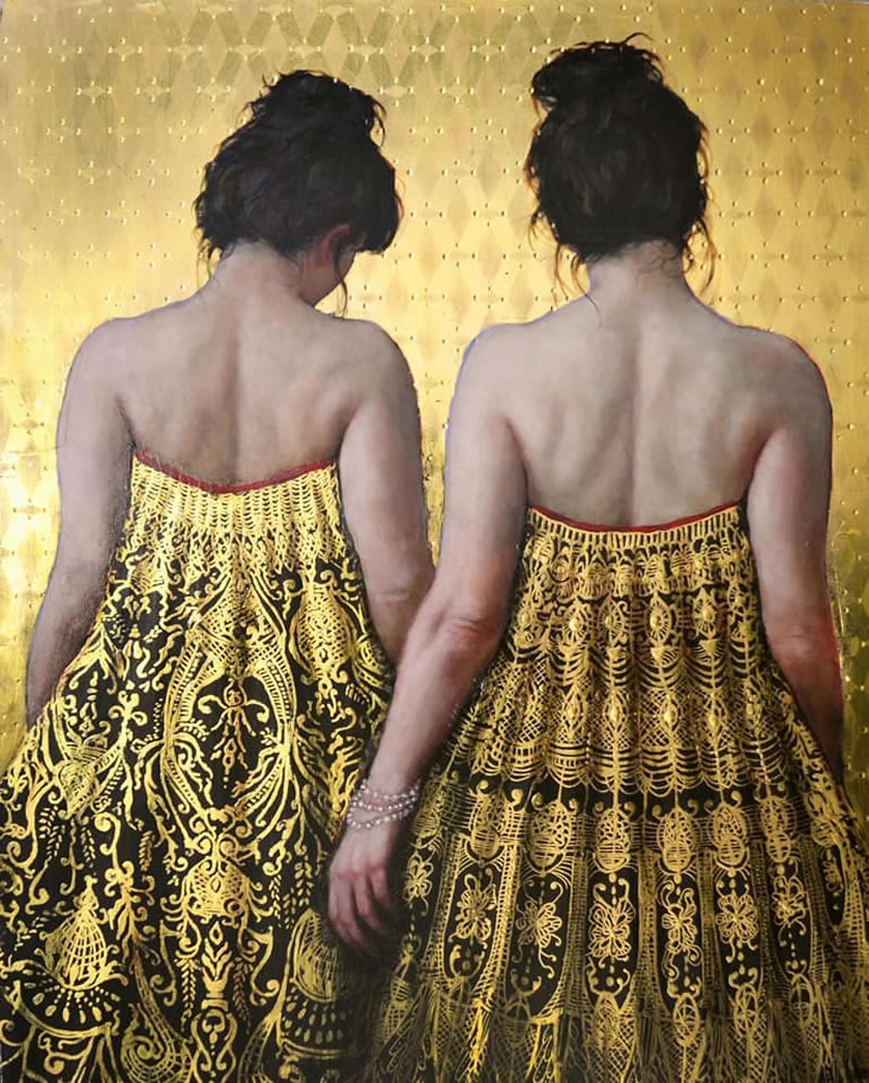 Peintures figuratives avec des ornements d'or par Stephanie Rew