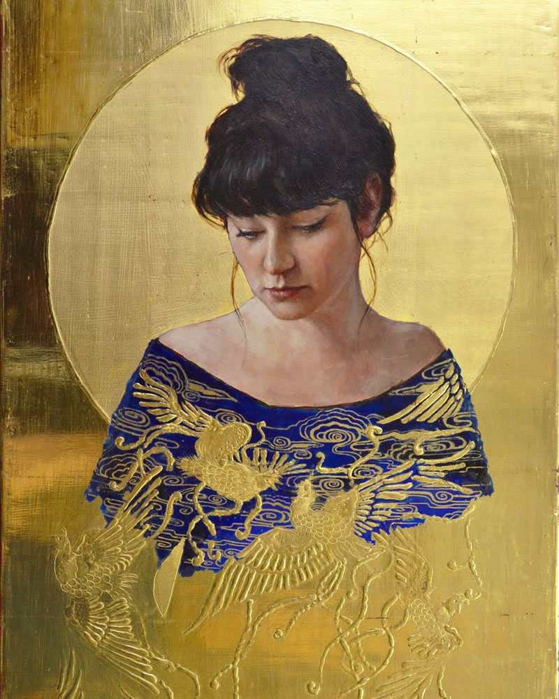 Peintures figuratives avec des ornements d'or par Stephanie Rew