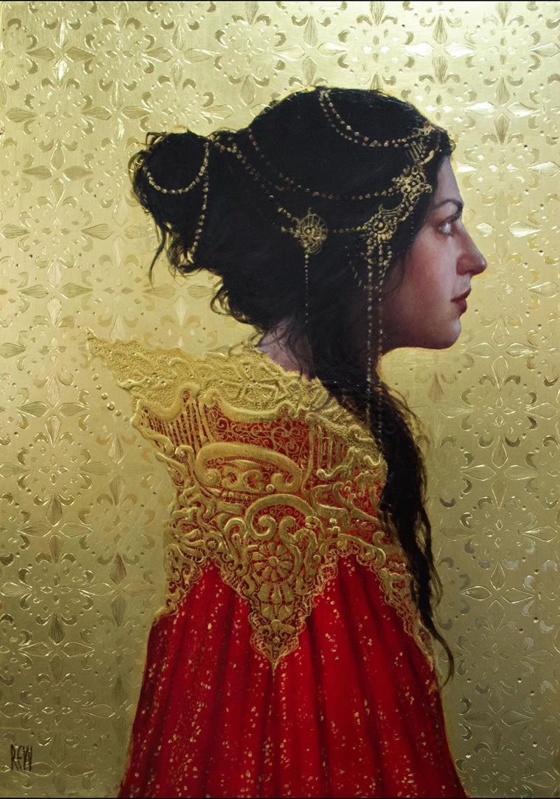 Peintures figuratives avec des ornements d'or par Stephanie Rew