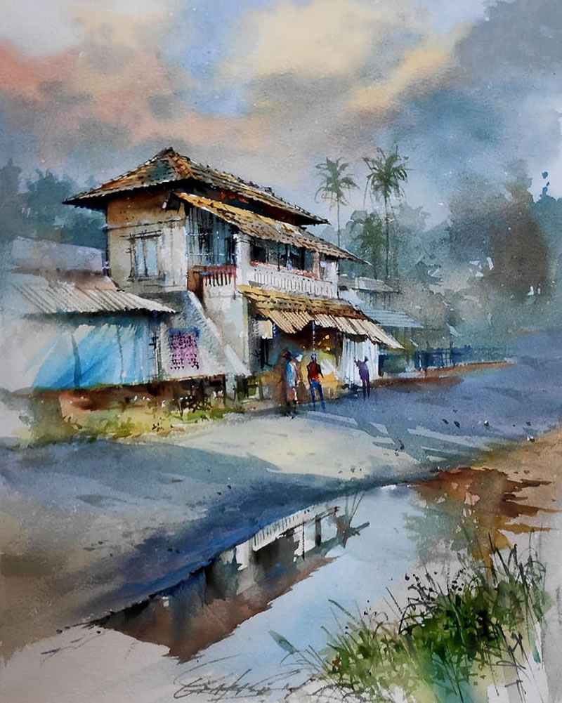 Watercolor Paintings Of Village Life By Prakashan Puthur