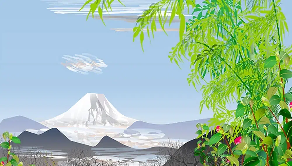 This 80-Year Old Artist Uses Excel Spreadsheets To Create Amazing Japanese Traditional Art 28 Digital illustration of Mount Fuji framed by green foliage and pink flowers