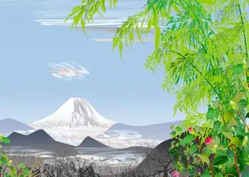 Digital illustration of Mount Fuji framed by green foliage and pink flowers