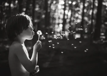 A child blowing dandelion seeds in a forest, black and white