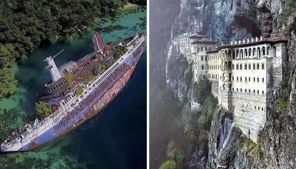 Abandoned shipwreck in tropical lagoon and cliffside monastery, abandoned places