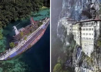 Abandoned shipwreck in tropical lagoon and cliffside monastery, abandoned places