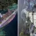 Abandoned shipwreck in tropical lagoon and cliffside monastery, abandoned places
