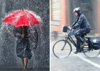 Person with red umbrella in heavy rain, and a cyclist riding through a rainstorm