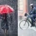 Person with red umbrella in heavy rain, and a cyclist riding through a rainstorm