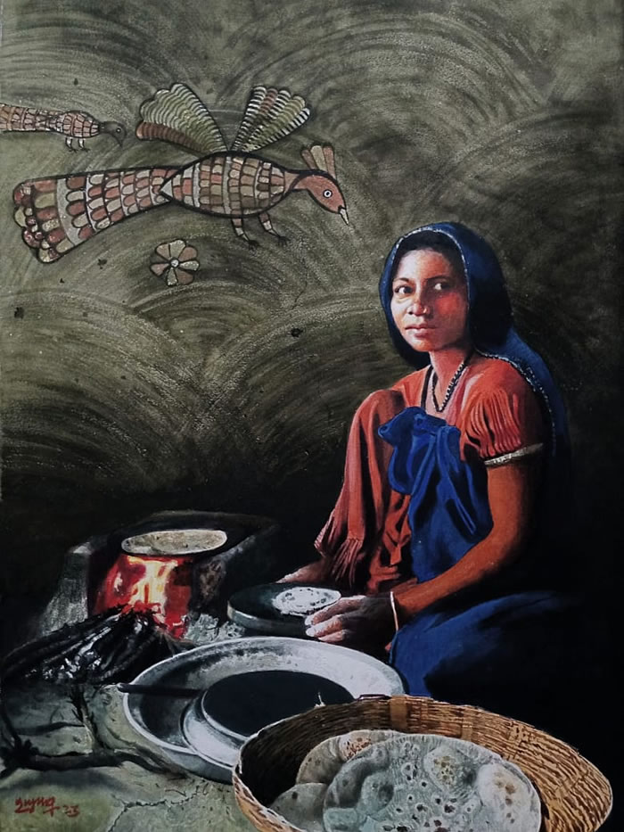 Indian Village Life Watercolor Paintings by Raghunath Sahoo