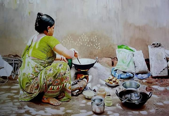 Indian Village Life Watercolor Paintings by Raghunath Sahoo