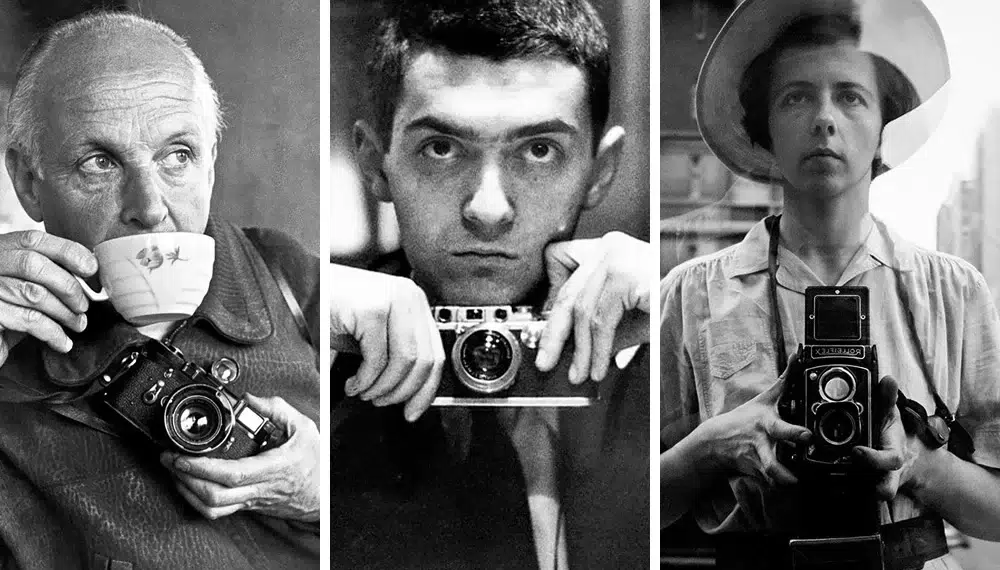 Black and white photos of classic photographers holding vintage cameras in iconic portrait shots