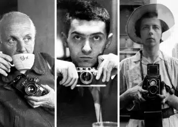 Black and white photos of classic photographers holding vintage cameras in iconic portrait shots