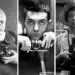 Black and white photos of classic photographers holding vintage cameras in iconic portrait shots