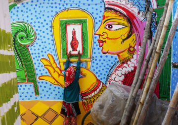 Colorful Wall Art In The Theme Of A Bengali Wedding That Resembles Indian Culture