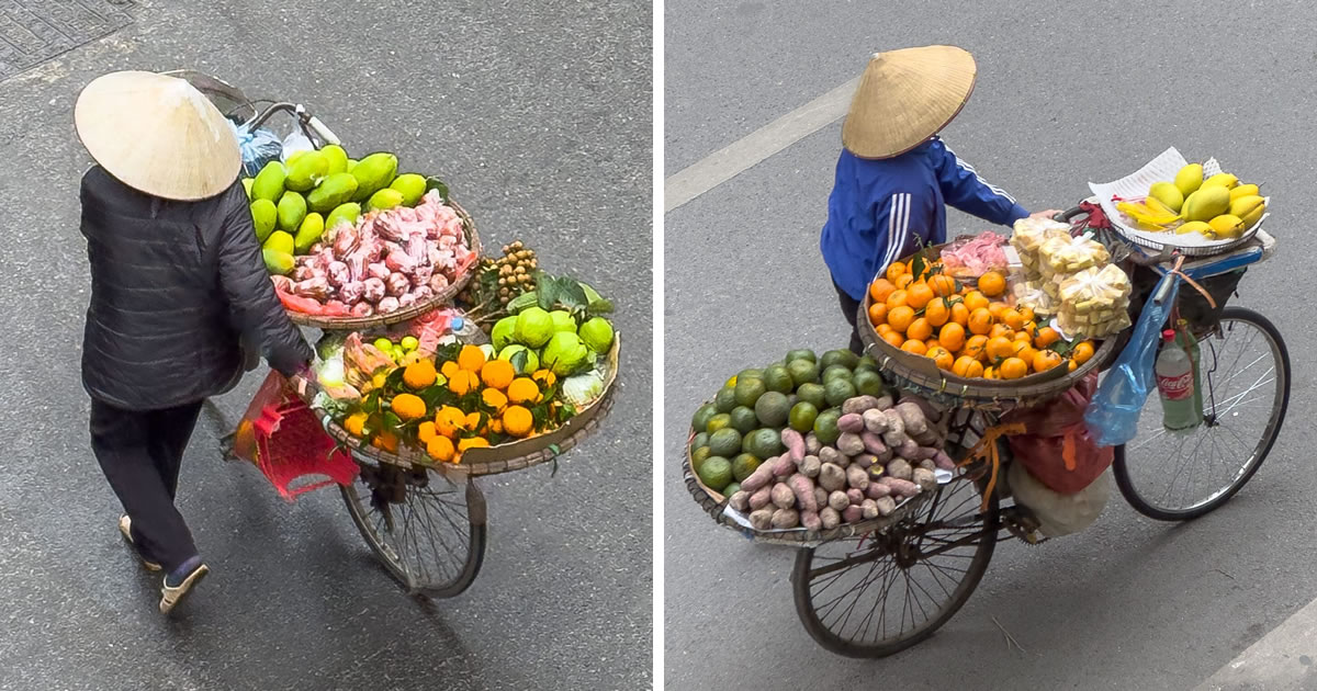 Photographer Trung Dong Captures Aerial Street Photos Of Fruit Merchants In Hanoi