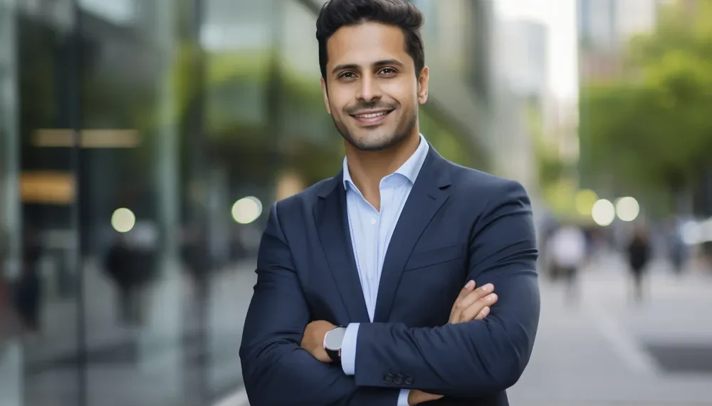 Professional male headshot with arms crossed, smiling in an outdoor setting