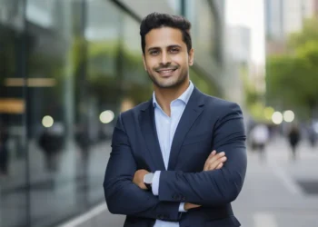 Professional male headshot with arms crossed, smiling in an outdoor setting
