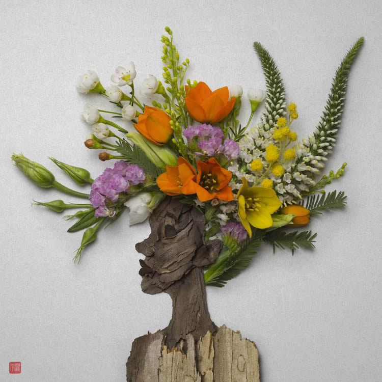 Portraits With Flowers And Leaves By Raku Inoue