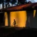 Cyclist shadow cast on sunlit wall beside tiled-roof building
