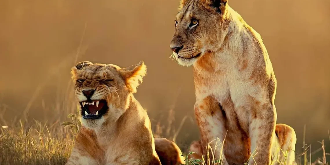 Two lionesses resting in golden savanna grass, one snarling, wildlife photos