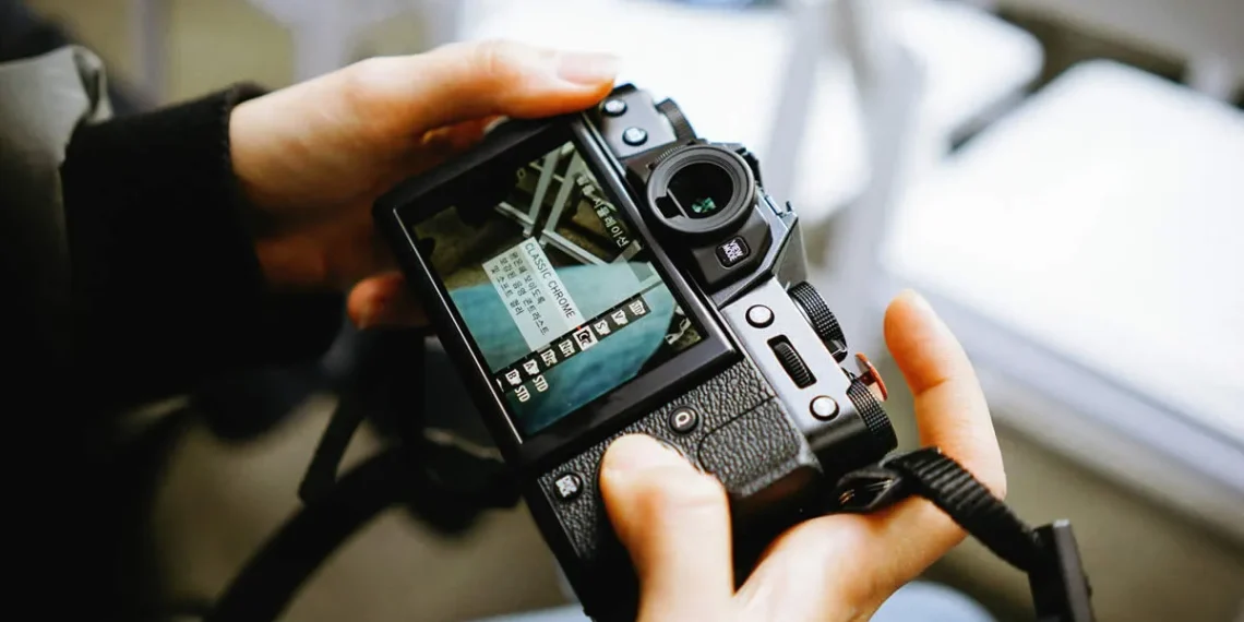 Hands holding a Fujifilm camera showing the Classic Chrome film simulation menu