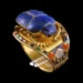 Ancient Egyptian gold scarab ring with lapis lazuli, carnelian, and turquoise inlays