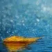 Golden autumn leaf floating in rain puddle with blue bokeh background beautiful bokeh photography