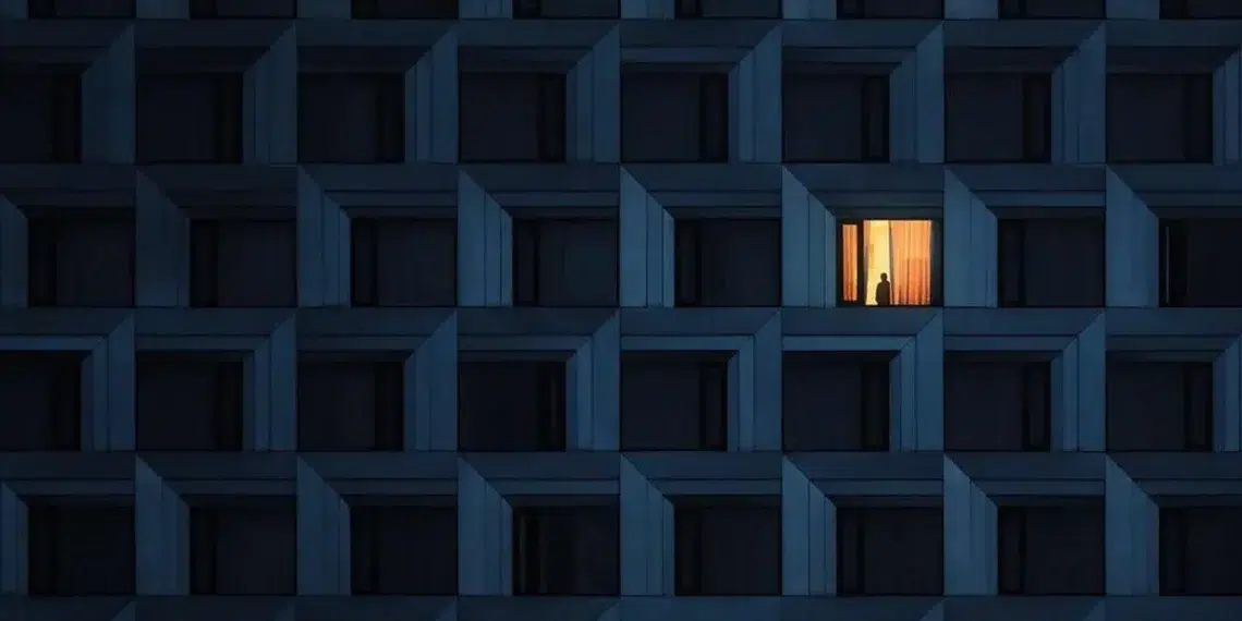 A solitary figure stands in the only lit window of a dark apartment building facade at night
