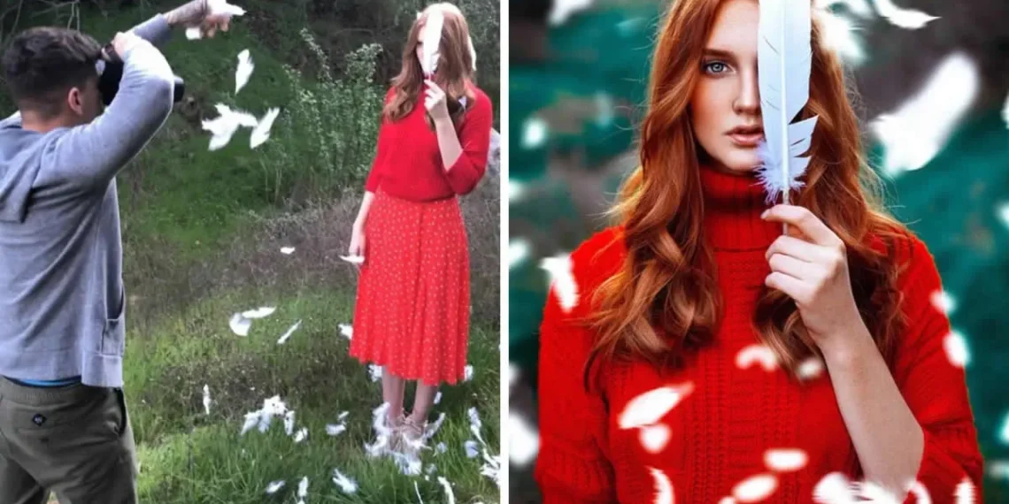 Behind the scenes vs final shot of woman in red with floating feathers