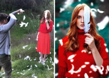 Behind the scenes vs final shot of woman in red with floating feathers