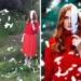 Behind the scenes vs final shot of woman in red with floating feathers