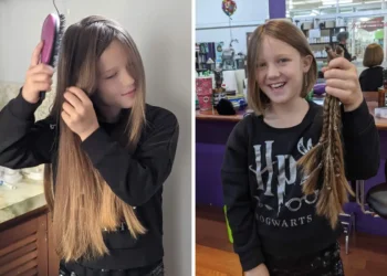 Girl brushing hair; then holding her cut ponytail after a haircut