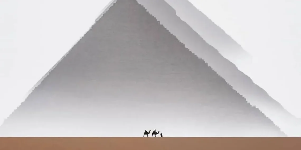 Silhouetted camels by a giant pyramid in the desert