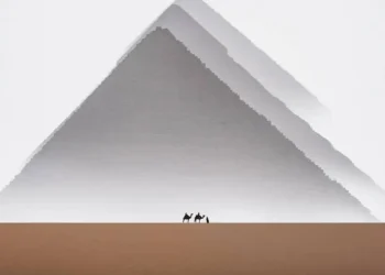 Silhouetted camels by a giant pyramid in the desert